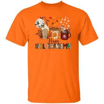 Happy Hallothanksmas Halloween Thanksgiving Christmas Day Coffee With Pumpkins Shirt