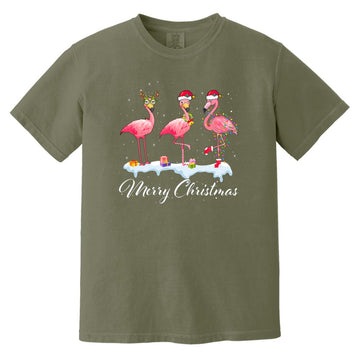 Merry Christmas Hat Santa Flamingo Light Snow Xmas Pajamas Shirt Comfort Colors Heavyweight T-Shirt