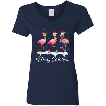 Merry Christmas Hat Santa Flamingo Light Snow Xmas Pajamas Shirt Women's V-Neck T-Shirt