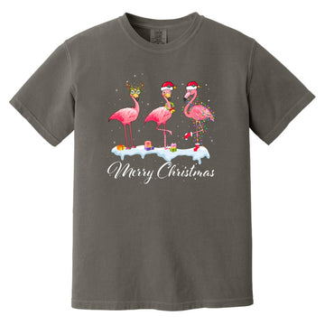 Merry Christmas Hat Santa Flamingo Light Snow Xmas Pajamas Shirt Comfort Colors Heavyweight T-Shirt