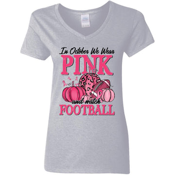 In October We Wear Pink Football Pumpkin Breast Cancer T-Shirt Women's V-Neck T-Shirt