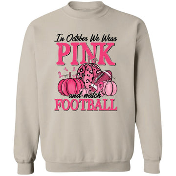 In October We Wear Pink Football Pumpkin Breast Cancer T-Shirt Unisex Crewneck Pullover Sweatshirt