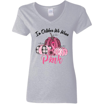 In October We Wear Pink Pumpkin Breast Cancer Awareness T-Shirt Women's V-Neck T-Shirt