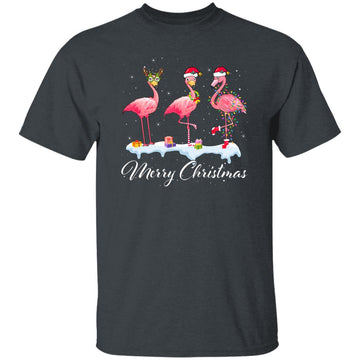 Merry Christmas Hat Santa Flamingo Light Snow Xmas Pajamas Shirt Gildan Ultra Cotton T-Shirt