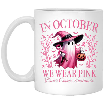 In October We Wear Pink Ghost Halloween Breast Cancer Awareness Mug - Halloween Pink Boo Coffee Mugs