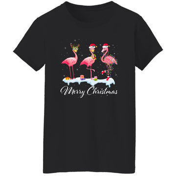 Merry Christmas Hat Santa Flamingo Light Snow Xmas Pajamas Shirt Women's T-Shirt