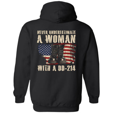 Never Underestimate A Woman With DD-214 Female Veteran Shirt - Veterans Day Gift Print On Back.png