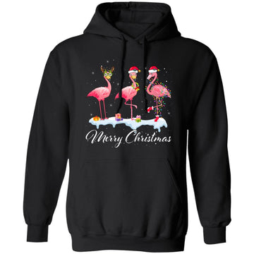 Merry Christmas Hat Santa Flamingo Light Snow Xmas Pajamas Shirt Unisex Pullover Hoodie