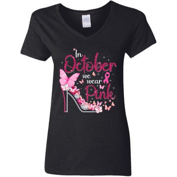 In October We Wear Pink Breast Cancer Awareness Ribbon Girly Shirt Women's V-Neck T-Shirt