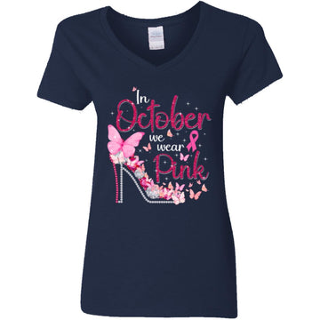 In October We Wear Pink Breast Cancer Awareness Ribbon Girly Shirt Women's V-Neck T-Shirt