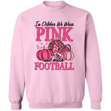 In October We Wear Pink Football Pumpkin Breast Cancer T-Shirt Unisex Crewneck Pullover Sweatshirt