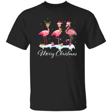 Merry Christmas Hat Santa Flamingo Light Snow Xmas Pajamas Shirt Gildan Ultra Cotton T-Shirt