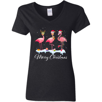 Merry Christmas Hat Santa Flamingo Light Snow Xmas Pajamas Shirt Women's V-Neck T-Shirt