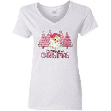 Merry Christmas Tree Santa Pink Shirt Xmas Gifts Women's V-Neck T-Shirt