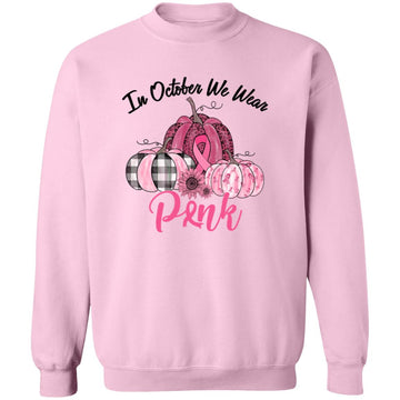 In October We Wear Pink Pumpkin Breast Cancer Awareness T-Shirt Unisex Crewneck Pullover Sweatshirt