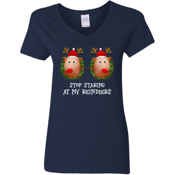 Stop Staring At My Reindeers Boobs Ugly Gag Xmas Sweater Shirt Women's V-Neck T-Shirt