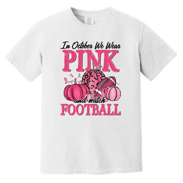 In October We Wear Pink Football Pumpkin Breast Cancer T-Shirt Comfort Colors Heavyweight T-Shirt
