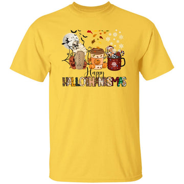 Happy Hallothanksmas Halloween Thanksgiving Christmas Day Coffee With Pumpkins Shirt