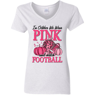 In October We Wear Pink Football Pumpkin Breast Cancer T-Shirt Women's V-Neck T-Shirt