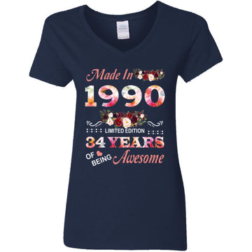 Made In 1990 Limited Edition 34 Years Of Being Awesome Floral Shirt - 34th Birthday Gifts Women Unisex T-Shirt Women's V-Neck T-Shirt