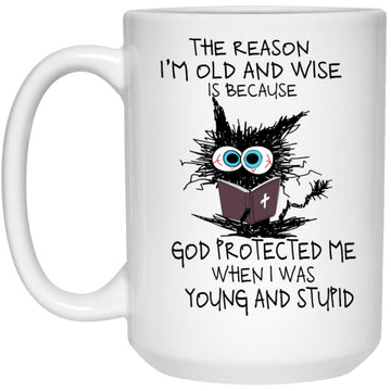 Cat The Reason I'm Old And Wise Is Because God Protected Me Mugs Cat Lovers Funny Gift Mug