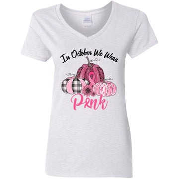 In October We Wear Pink Pumpkin Breast Cancer Awareness T-Shirt Women's V-Neck T-Shirt