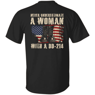 Never Underestimate A Woman With DD-214 Female Veteran Shirt - Veterans Day Gift Print On Back.png