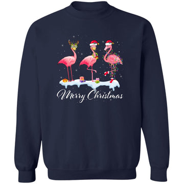 Merry Christmas Hat Santa Flamingo Light Snow Xmas Pajamas Shirt Unisex Crewneck Pullover Sweatshirt