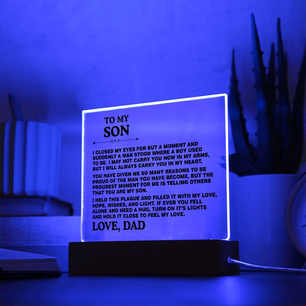 Son Gift From Dad - To My Son I Closed My Eyes for But a Moment Desk Decor Son Square Acrylic Plaque Sign With Wood Stand Home Office Table Desk Sign Keepsake