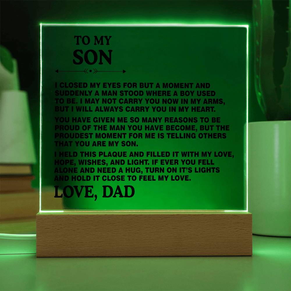 Son Gift From Dad - To My Son I Closed My Eyes for But a Moment Desk Decor Son Square Acrylic Plaque Sign With Wood Stand Home Office Table Desk Sign Keepsake