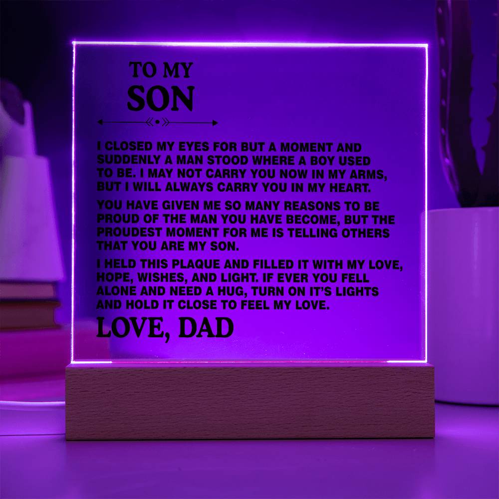 Son Gift From Dad - To My Son I Closed My Eyes for But a Moment Desk Decor Son Square Acrylic Plaque Sign With Wood Stand Home Office Table Desk Sign Keepsake