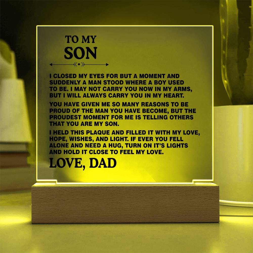 Son Gift From Dad - To My Son I Closed My Eyes for But a Moment Desk Decor Son Square Acrylic Plaque Sign With Wood Stand Home Office Table Desk Sign Keepsake