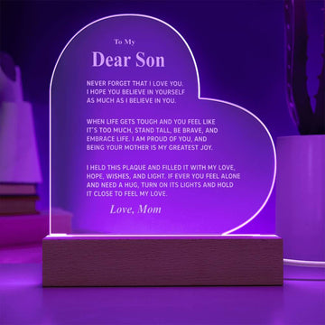 To My Dear Son - Never Forget that I Love You  Led Engraved Acrylic Heart Plaque - Gift From Mom