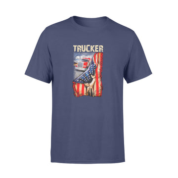 Truck Behind American Flag Trucker Love Graphic Tees Shirt Back - Premium T-shirt