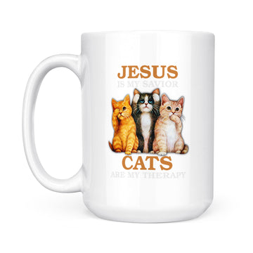 Jesus Is My Savior Cats Are My Therapy Funny Mug - White Mug