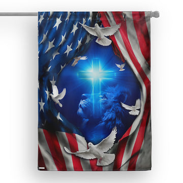 Us Veteran Lion Jesus Christian House Flag - Independence Day, 4th Of July House Flag
