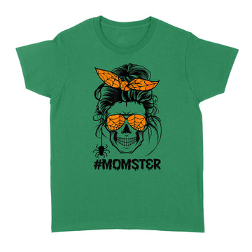 Momster Halloween Costume Skull Mom Messy Hair Bun Monster Shirt