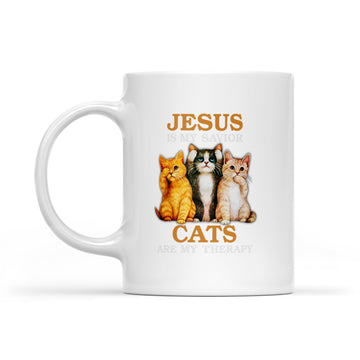 Jesus Is My Savior Cats Are My Therapy Funny Mug - White Mug