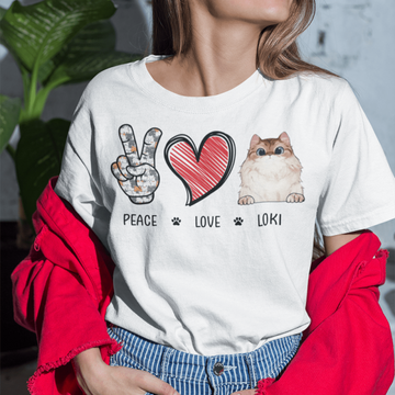 Peace Love Cat Custom T-Shirt, Personalized Gifts For Cats Lovers Shirt