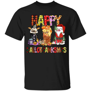 Coffee Halloween Thanksgiving Christmas Happy Hallothanksmas T-Shirt