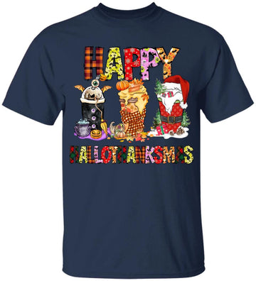 Coffee Halloween Thanksgiving Christmas Happy Hallothanksmas T-Shirt