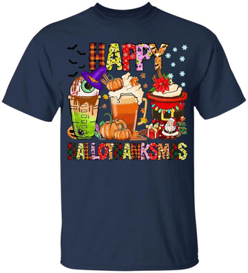 Coffee Halloween Thanksgiving Christmas Happy Hallothanksmas TShirt