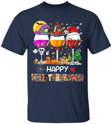 Happy Hallothanksmas Wine Glasses Wine Lover T-Shirt