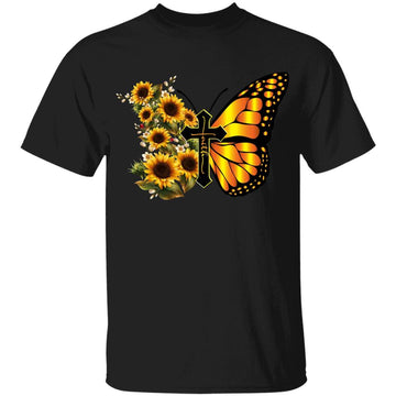 Vintage Women Men Faith Cross Sunflower Butterfly Christian T-Shirt