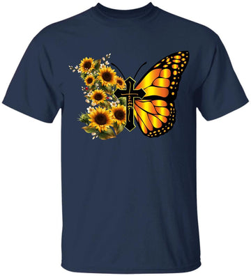 Vintage Women Men Faith Cross Sunflower Butterfly Christian T-Shirt