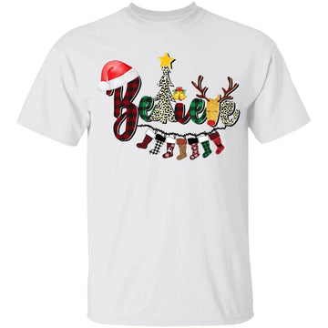 Believe Christmas Shirts For Women Men Leopard Plaid Tree Graphic Tee Funny Christmas Gift Sweatshirt