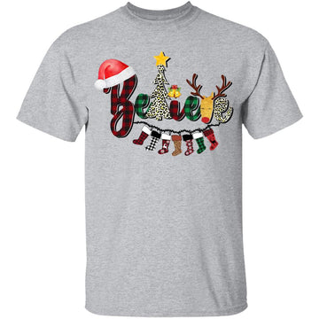 Believe Christmas Shirts For Women Men Leopard Plaid Tree Graphic Tee Funny Christmas Gift Sweatshirt