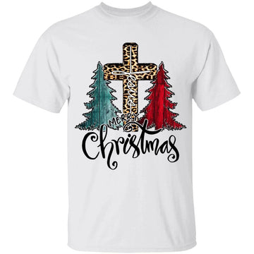 Merry Christmas Tree Lights Buffalo Plaid Red Jesus Cross Shirt