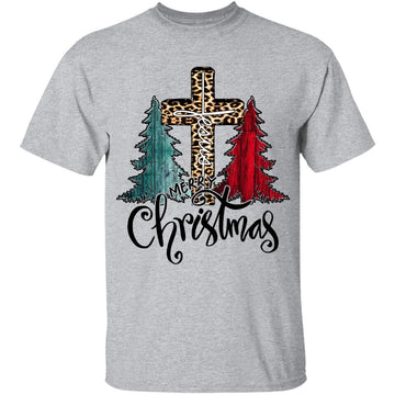 Merry Christmas Tree Lights Buffalo Plaid Red Jesus Cross Shirt