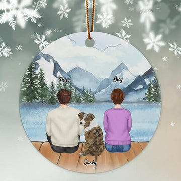 Lake Couple Sitting With Dogs, Personalized Dog Xmas Circle Ornament, Christmas Gift for Dog Lovers